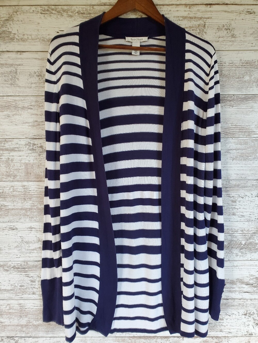 White House Black Market Navy White Striped Open Front Duster Cardigan Sweater